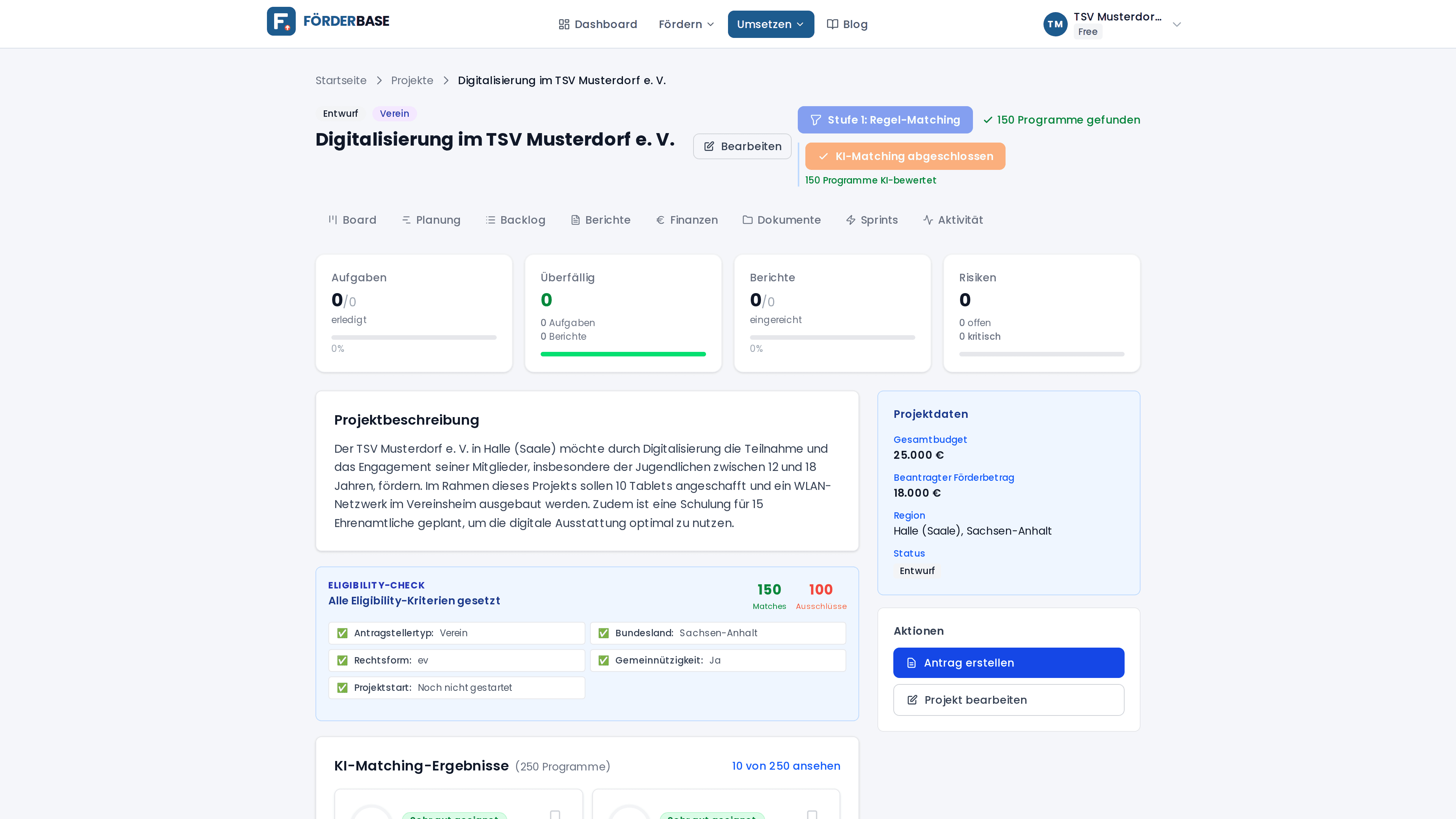 Projektseite mit Beschreibung, Projektdaten und Matching-Ergebnissen