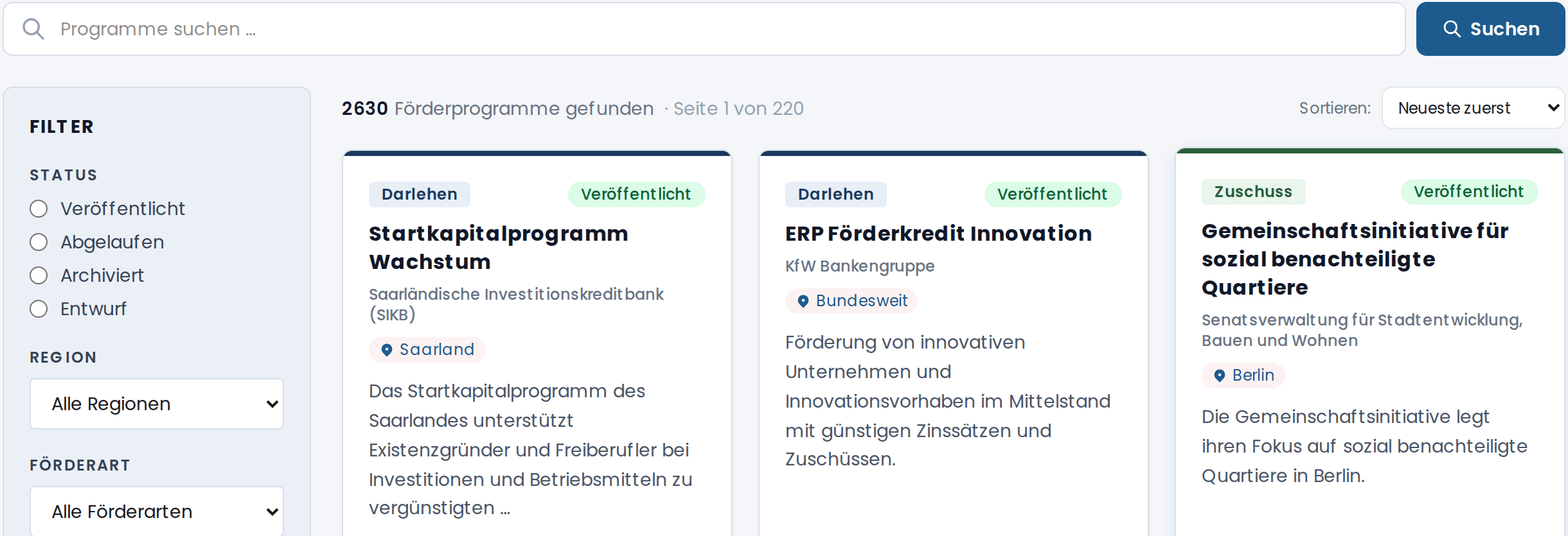 Suchleiste, Filterspalte und drei Förderprogramm-Karten mit Trefferzahl